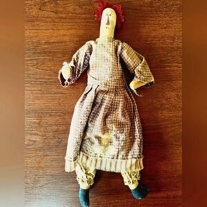 Vintage Primitive Style Rag Doll with Purple Plaid Dress Very Good Condition 12"